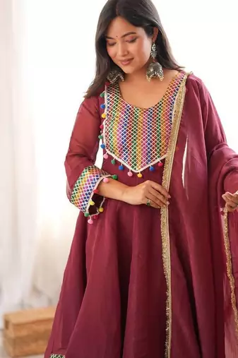 Maroon embroidery & lace work crunchy silk suit with dhoti & dupatta