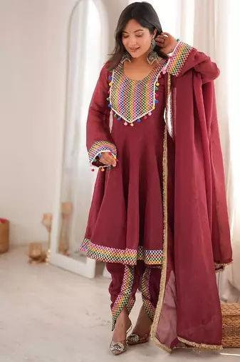 Maroon embroidery & lace work crunchy silk suit with dhoti & dupatta