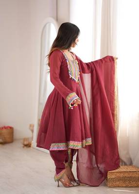 Maroon embroidery & lace work crunchy silk suit with dhoti & dupatta 4