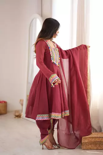 Maroon embroidery & lace work crunchy silk suit with dhoti & dupatta