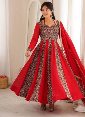 Crimson red printed anarkali suit with pant & dupatta 1