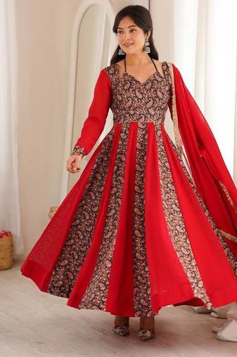 Crimson red printed anarkali suit with pant & dupatta