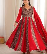 Crimson red printed anarkali suit with pant & dupatta