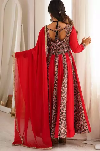 Crimson red printed anarkali suit with pant & dupatta