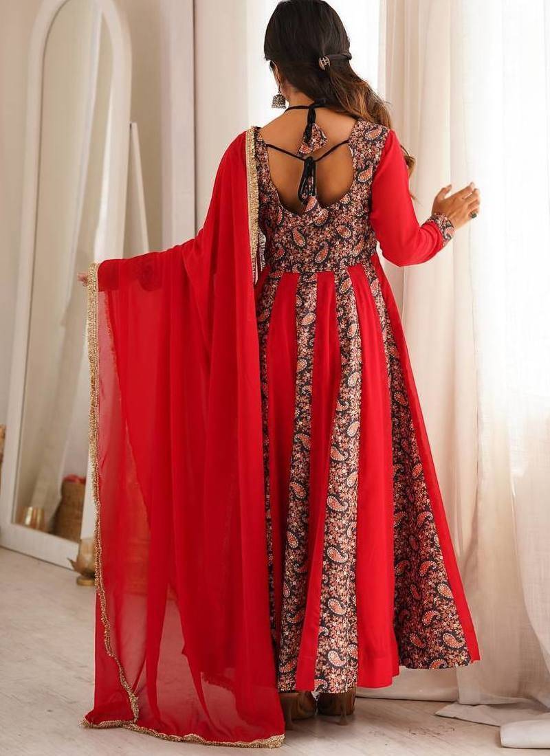 Crimson red printed anarkali suit with pant & dupatta