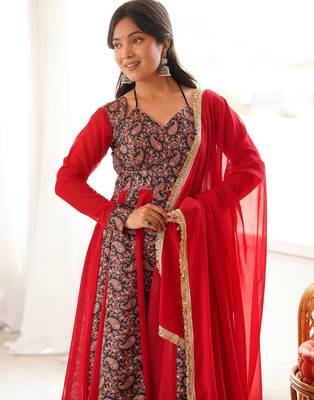 Crimson red printed anarkali suit with pant & dupatta 3