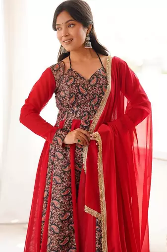 Crimson red printed anarkali suit with pant & dupatta