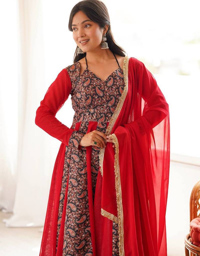 Crimson red printed anarkali suit with pant & dupatta