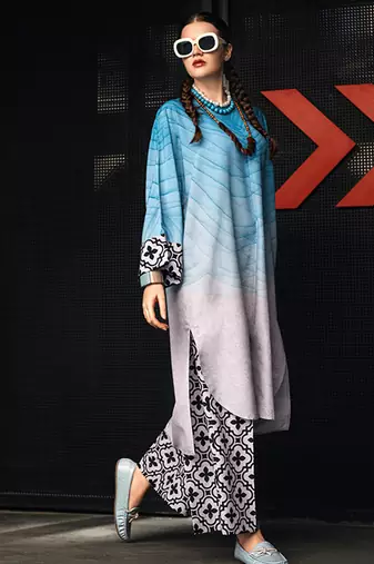 Blue geometric print linen  fancy co-ord set for women