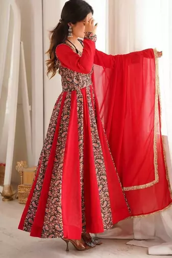 Crimson red printed anarkali suit with pant & dupatta