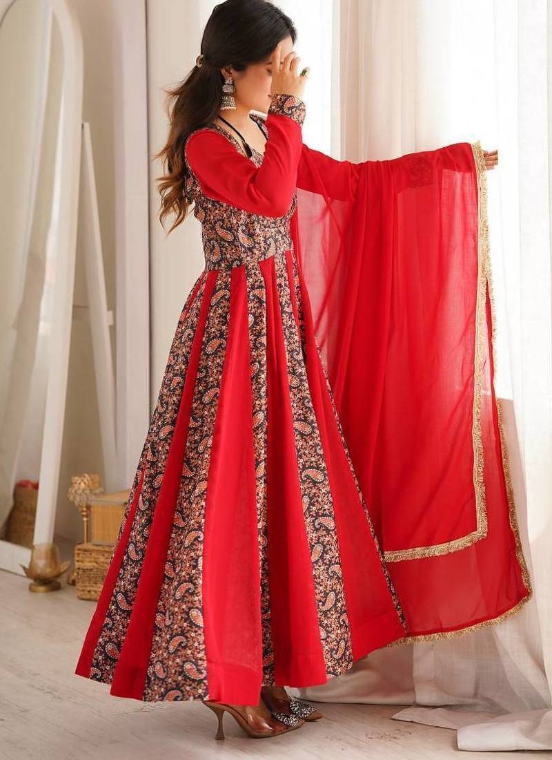 Crimson red printed anarkali suit with pant & dupatta