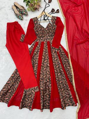 Crimson red printed anarkali suit with pant & dupatta 5