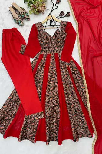 Crimson red printed anarkali suit with pant & dupatta