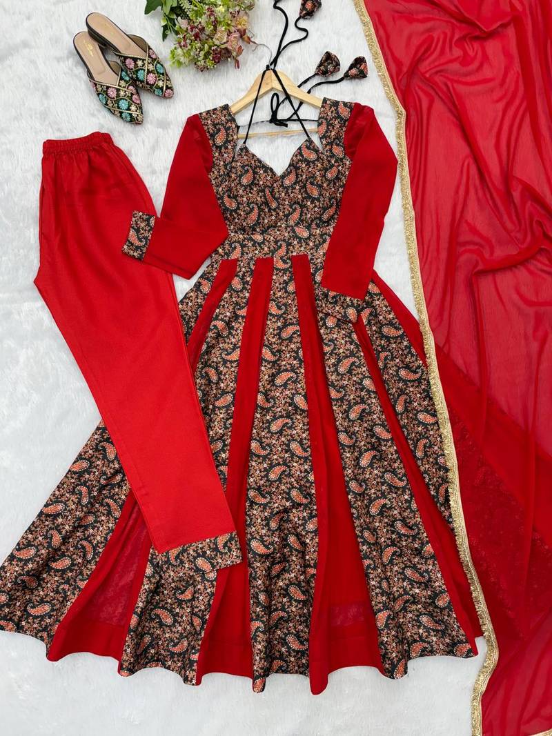 Crimson red printed anarkali suit with pant & dupatta