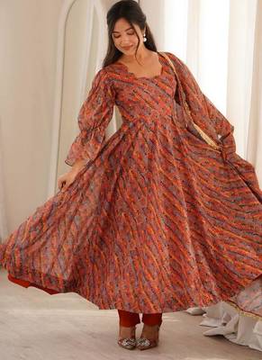 Rust orange printed organza anarkali with pant & dupatta 1