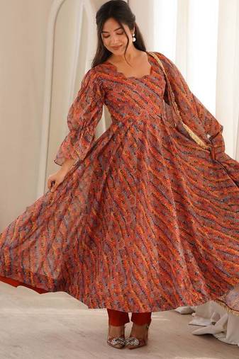 Rust orange printed organza anarkali with pant & dupatta