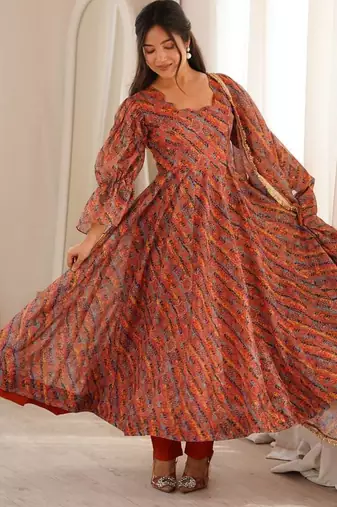 Rust orange printed organza anarkali with pant & dupatta