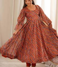 Rust orange printed organza anarkali with pant & dupatta