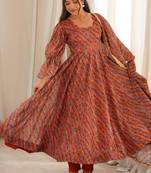 Rust orange printed organza anarkali with pant & dupatta