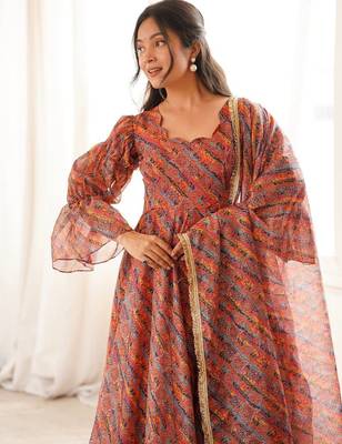 Rust orange printed organza anarkali with pant & dupatta 3