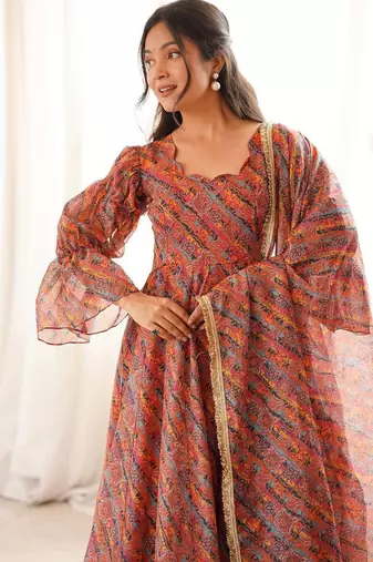Rust orange printed organza anarkali with pant & dupatta