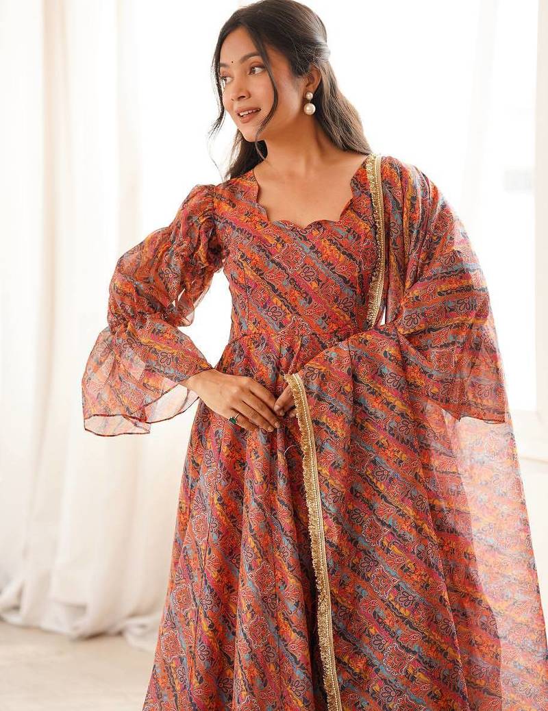 Rust orange printed organza anarkali with pant & dupatta