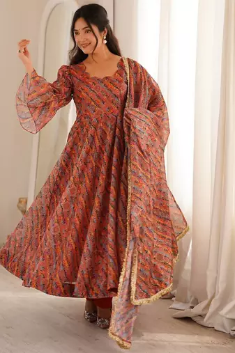 Rust orange printed organza anarkali with pant & dupatta