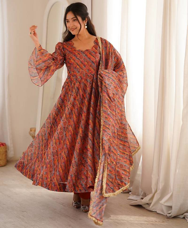 Rust orange printed organza anarkali with pant & dupatta