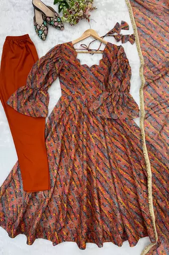 Rust orange printed organza anarkali with pant & dupatta