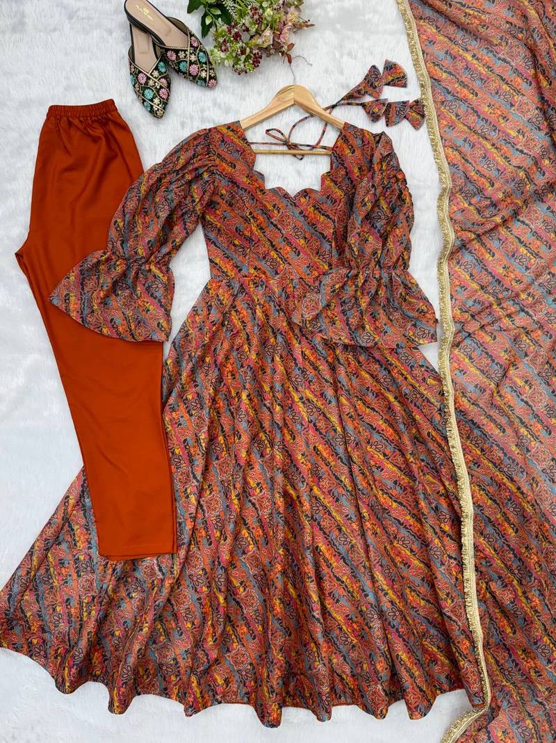 Rust orange printed organza anarkali with pant & dupatta