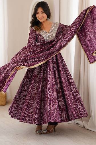 Purple mirror embroidery rayon anarkali with pant & dupatta