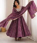 Purple mirror embroidery rayon anarkali with pant & dupatta