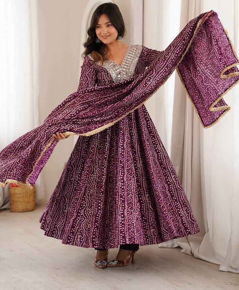 Purple mirror embroidery rayon anarkali with pant & dupatta