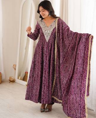 Purple mirror embroidery rayon anarkali with pant & dupatta 3