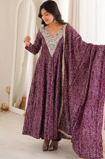Purple mirror embroidery rayon anarkali with pant & dupatta
