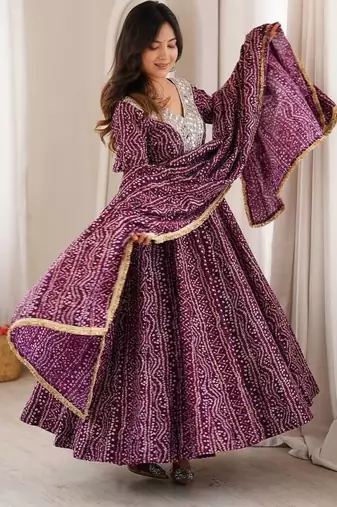 Purple mirror embroidery rayon anarkali with pant & dupatta