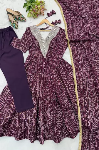 Purple mirror embroidery rayon anarkali with pant & dupatta