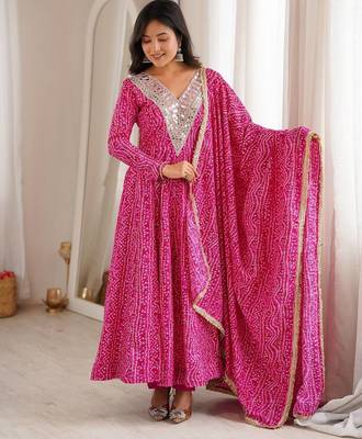 Pink mirror embroidery rayon anarkali with pant & dupatta 1