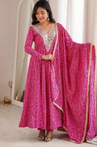Pink mirror embroidery rayon anarkali with pant & dupatta