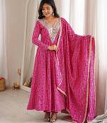Pink mirror embroidery rayon anarkali with pant & dupatta