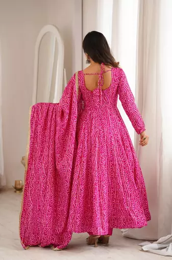 Pink mirror embroidery rayon anarkali with pant & dupatta