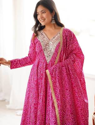 Pink mirror embroidery rayon anarkali with pant & dupatta 3