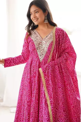 Pink mirror embroidery rayon anarkali with pant & dupatta