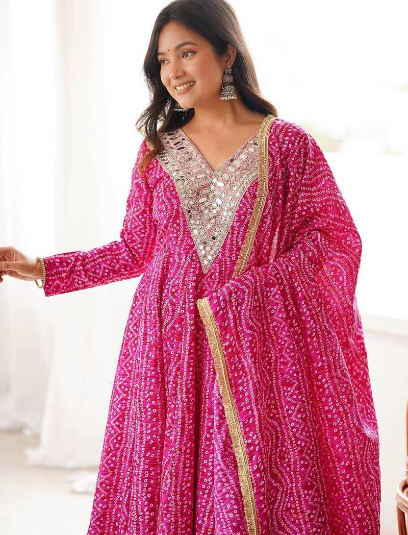 Pink mirror embroidery rayon anarkali with pant & dupatta