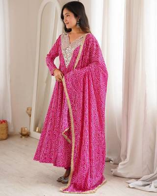 Pink mirror embroidery rayon anarkali with pant & dupatta 4