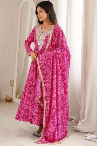 Pink mirror embroidery rayon anarkali with pant & dupatta