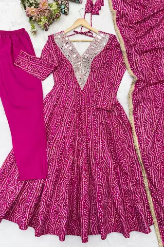 Pink mirror embroidery rayon anarkali with pant & dupatta