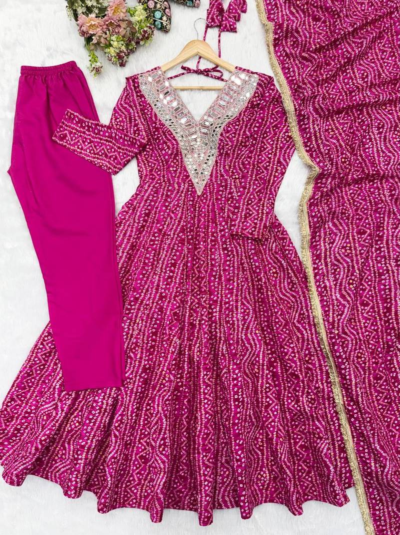 Pink mirror embroidery rayon anarkali with pant & dupatta