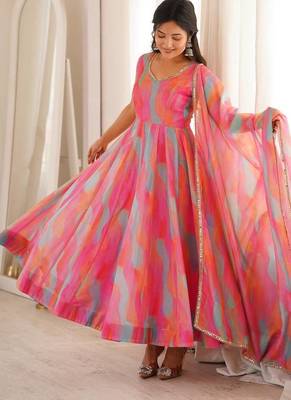 Fuchsia pink abstract printed organza anarkali suit set 1