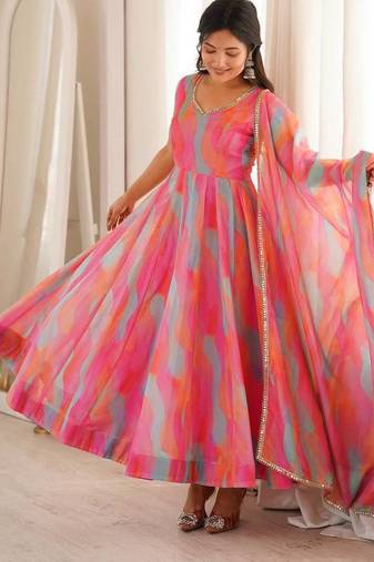 Fuchsia pink abstract printed organza anarkali suit set